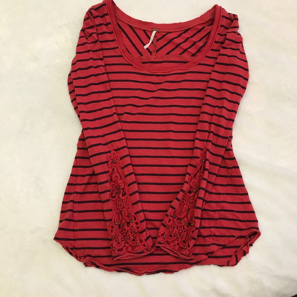Free People LS Scoop Neck Striped Lace Top